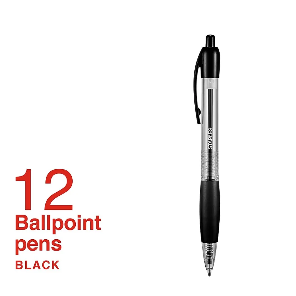 Staples® Retractable Ballpoint Pens, Medium Point, 1.0mm, Black Ink, Dozen (50793-CC)