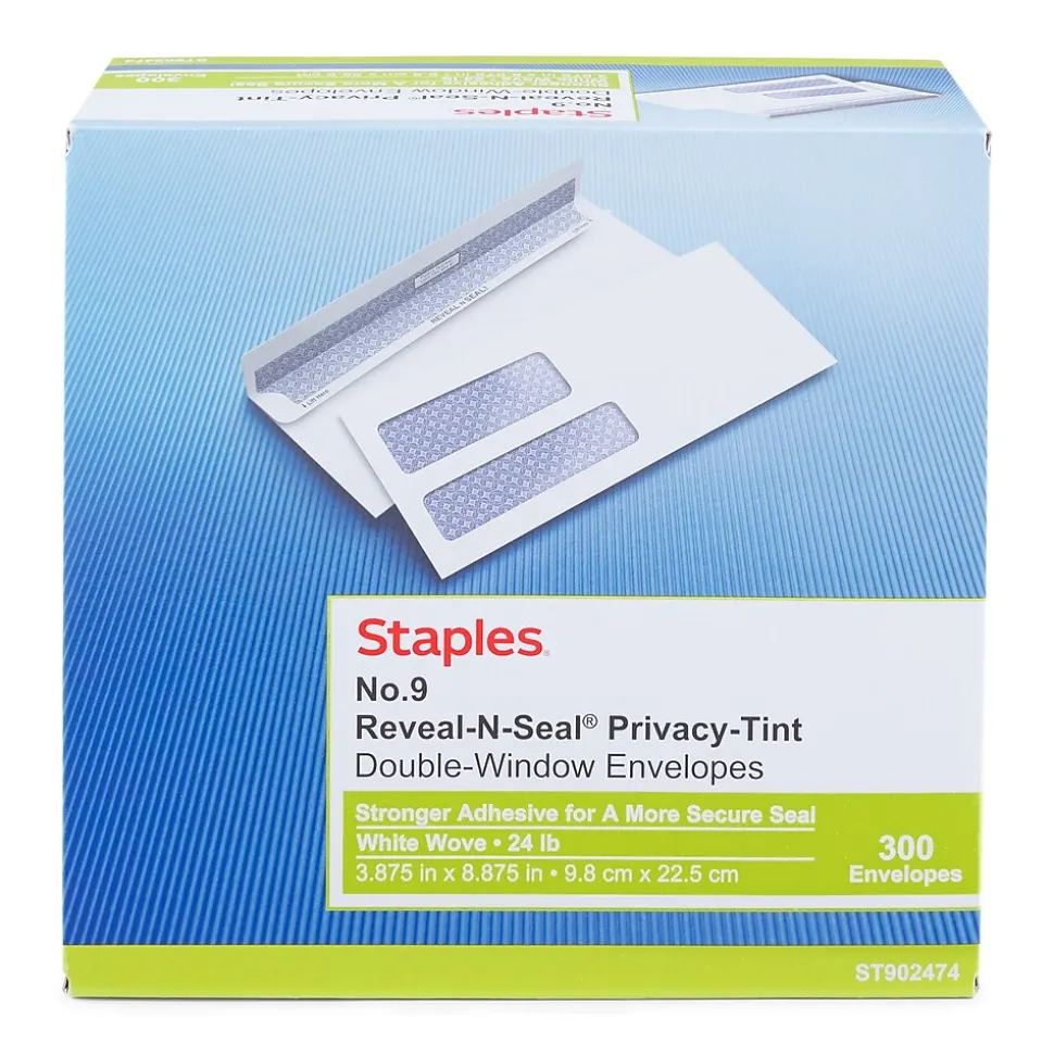 Staples Reveal-N-Seal #9 Double Window Envelope, 3 7/8" x 8 7/8", White, 300/Box (20567-US)