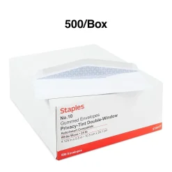 Staples Security Tinted #10 Double Window Envelopes, 4 1/8