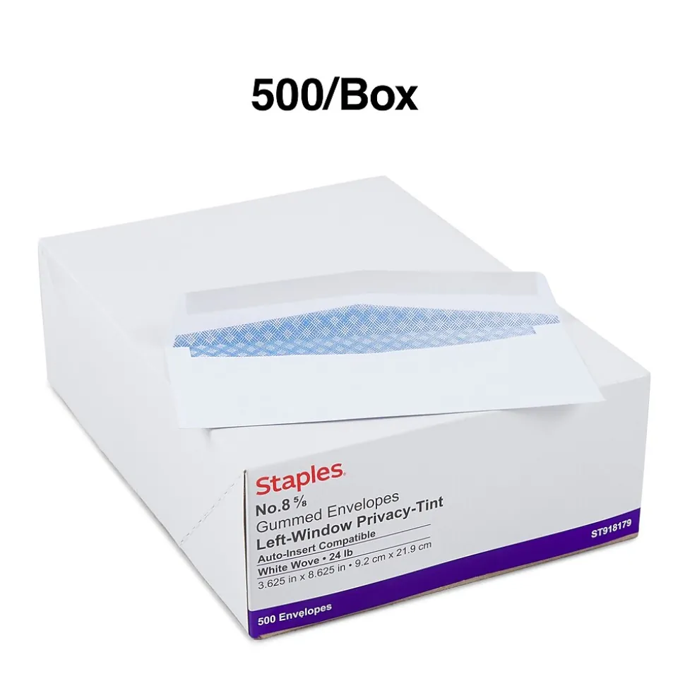 Staples Security Tinted #8 5/8 Business Envelopes, 3 5/8" x 8 5/8", White, 500/Box (918179/19410)