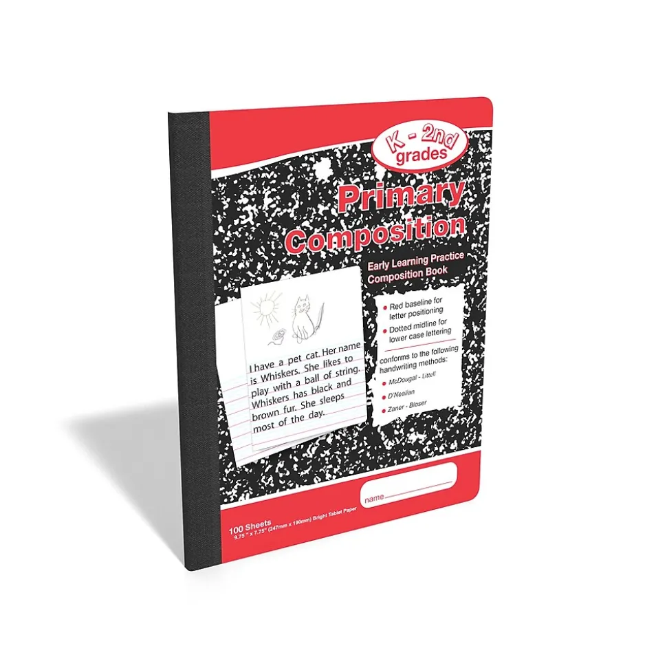 Staples 1-Subject Composition Notebooks, 7.5" x 9.75", Primary Ruled, 100 Sheets, Black/Red (42079C)