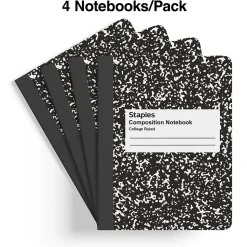 Staples 1-Subject Composition Notebooks, 7.5" x 9.75", College Ruled, 100 Sheets, Black, 4/Pack (ST58371C)