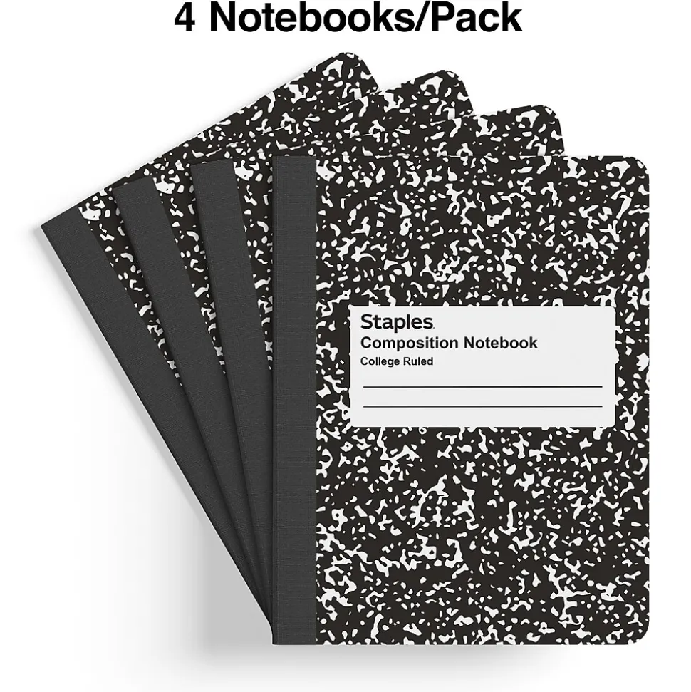 Staples 1-Subject Composition Notebooks, 7.5" x 9.75", College Ruled, 100 Sheets, Black, 4/Pack (ST58371C)