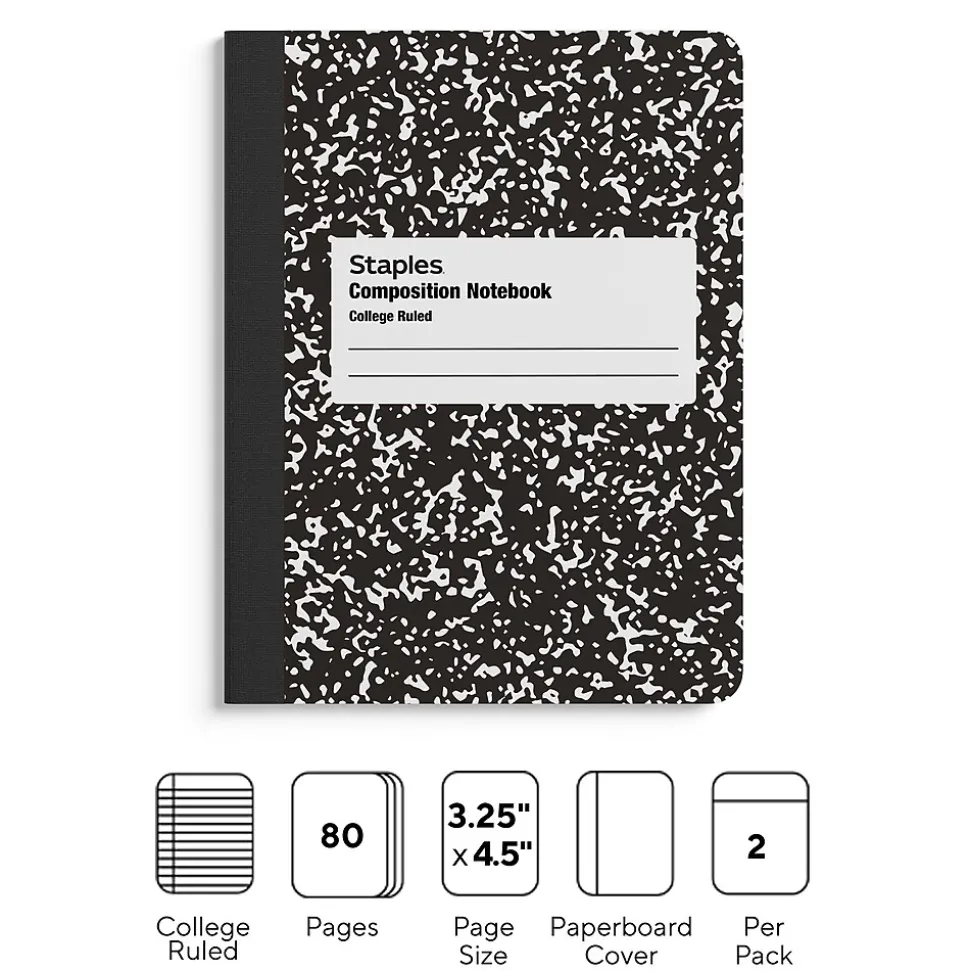 Staples 1-Subject Composition Notebooks, 3.25" x 4.5", College Ruled, 80 Sheets, Assorted Colors, 2/Pack (ST17501C)