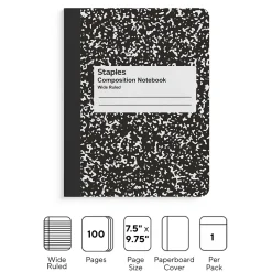 Staples 1-Subject Composition Notebook, 7.5" x 9.75", Wide Ruled, 100 Sheets, Black (ST55076C)