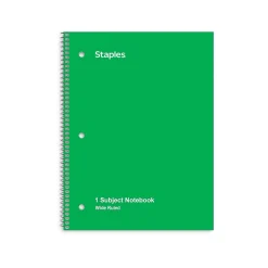 Staples 1-Subject Notebook, 8" x 10.5", Wide Ruled, 70 Sheets, Green (TR24006)