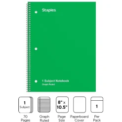 Staples 1-Subject Notebook, 8" x 10.5", Graph Ruled, 70 Sheets, Green (ST23987C)
