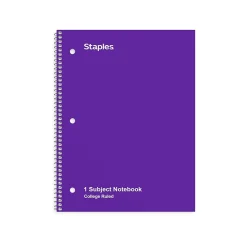 Staples 1-Subject Notebook, 8" x 10.5", College Ruled, 70 Sheets, Purple (TR27501)