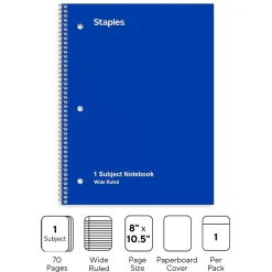Staples 1-Subject Notebooks, 8" x 10.5", Wide Ruled, 70 Sheets, Blue (ST24003C)