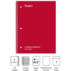 Staples 1-Subject Notebooks, 8" x 10.5", Graph Ruled, 70 Sheets, Red (ST23984C)