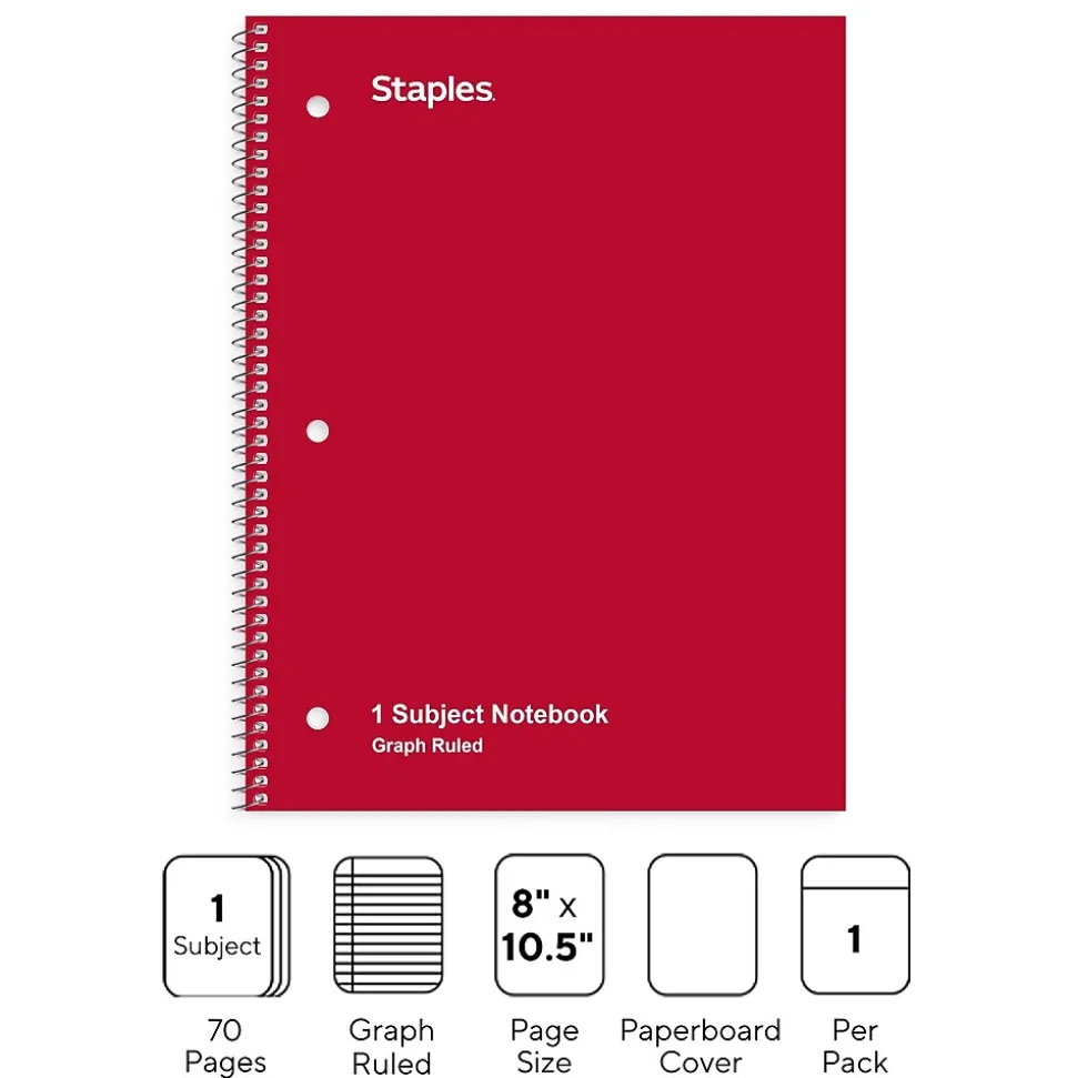 Staples 1-Subject Notebooks, 8" x 10.5", Graph Ruled, 70 Sheets, Red (ST23984C)