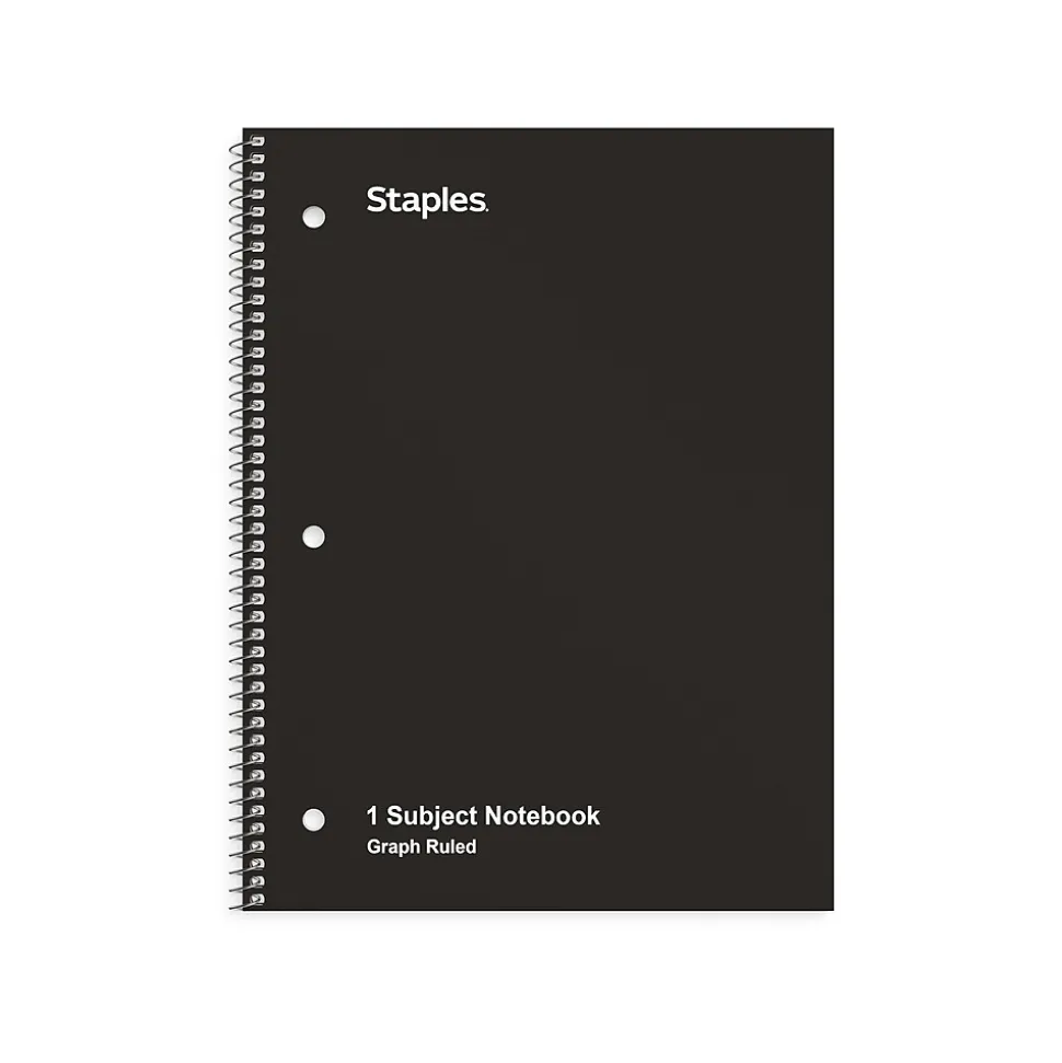 Staples 1-Subject Notebooks, 8" x 10.5", Graph Ruled, 70 Sheets, Black (ST23986C)