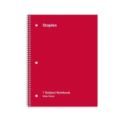 Staples 1-Subject Notebooks, 8" x 10.5", Wide Ruled, 70 Sheets, Red (ST24007C)