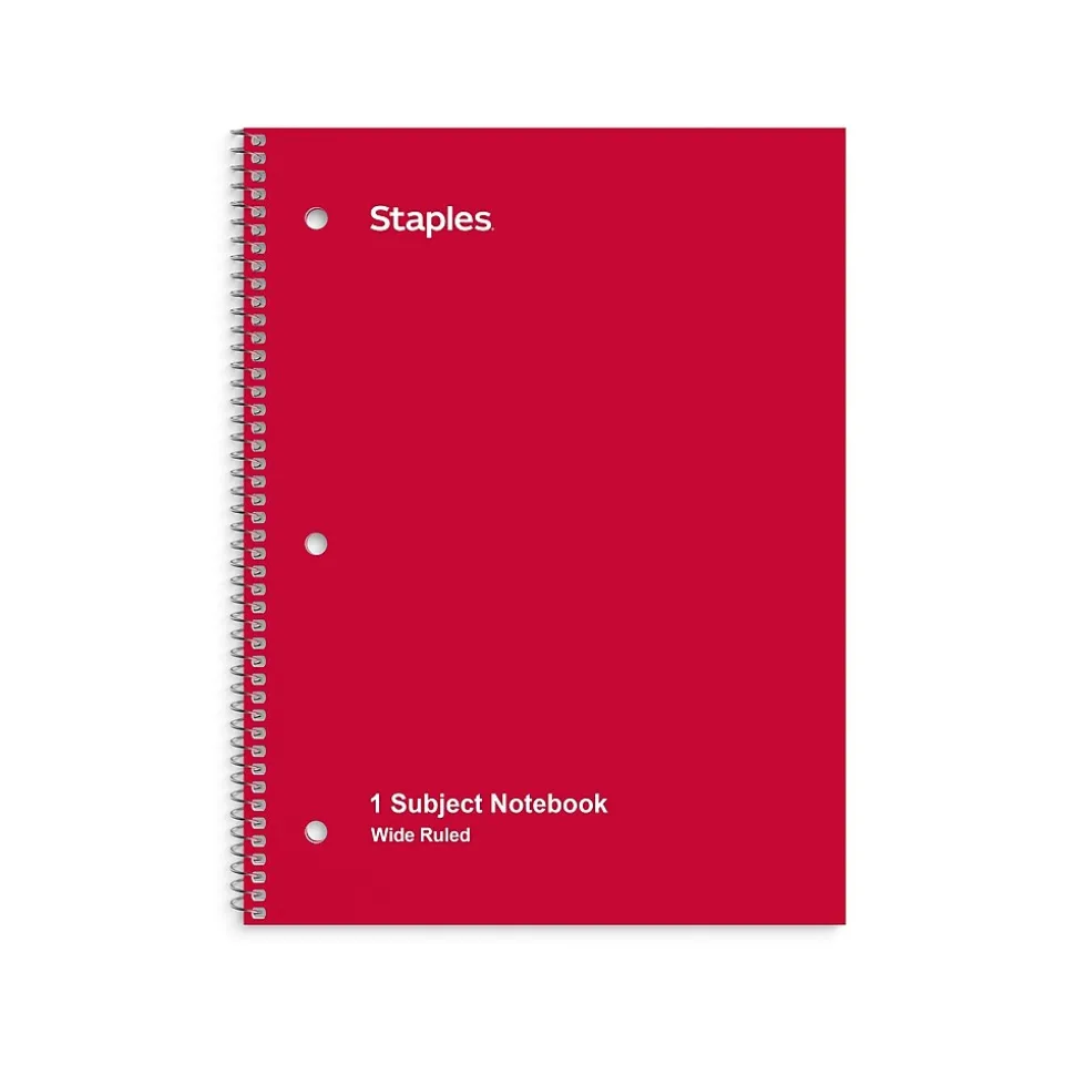 Staples 1-Subject Notebooks, 8" x 10.5", Wide Ruled, 70 Sheets, Red (ST24007C)