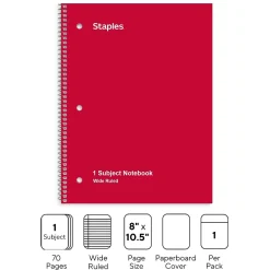 Staples 1-Subject Notebooks, 8" x 10.5", Wide Ruled, 70 Sheets, Red (ST24007C)
