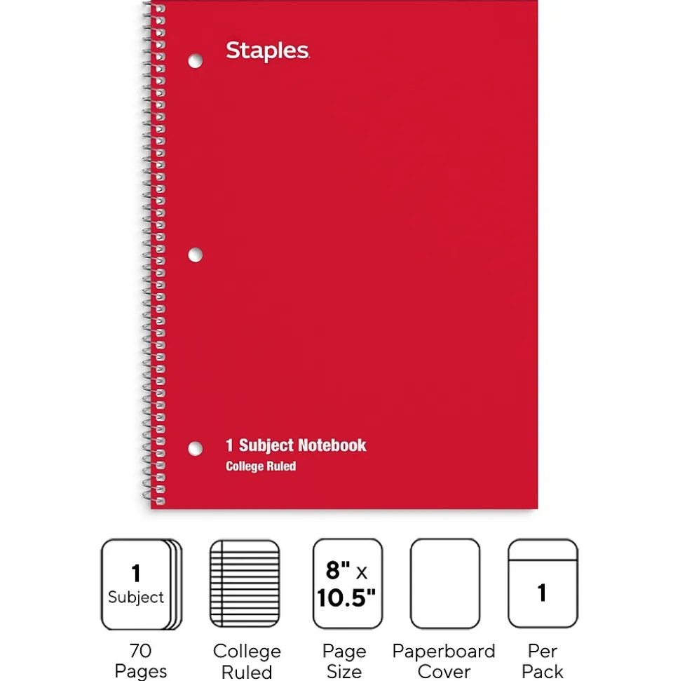 Staples 1-Subject Notebooks, 8" x 10.5", College Ruled, 70 Sheets, Assorted Colors (ST54891C)
