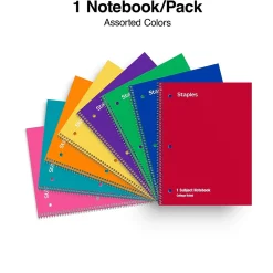 Staples 1-Subject Notebooks, 8" x 10.5", College Ruled, 70 Sheets, Assorted Colors, 48/Pack (10871)