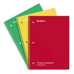 Staples 1-Subject Notebooks, 8" x 10.5", College Ruled, 70 Sheets, Assorted Colors, 3/Pack (ST58375C)