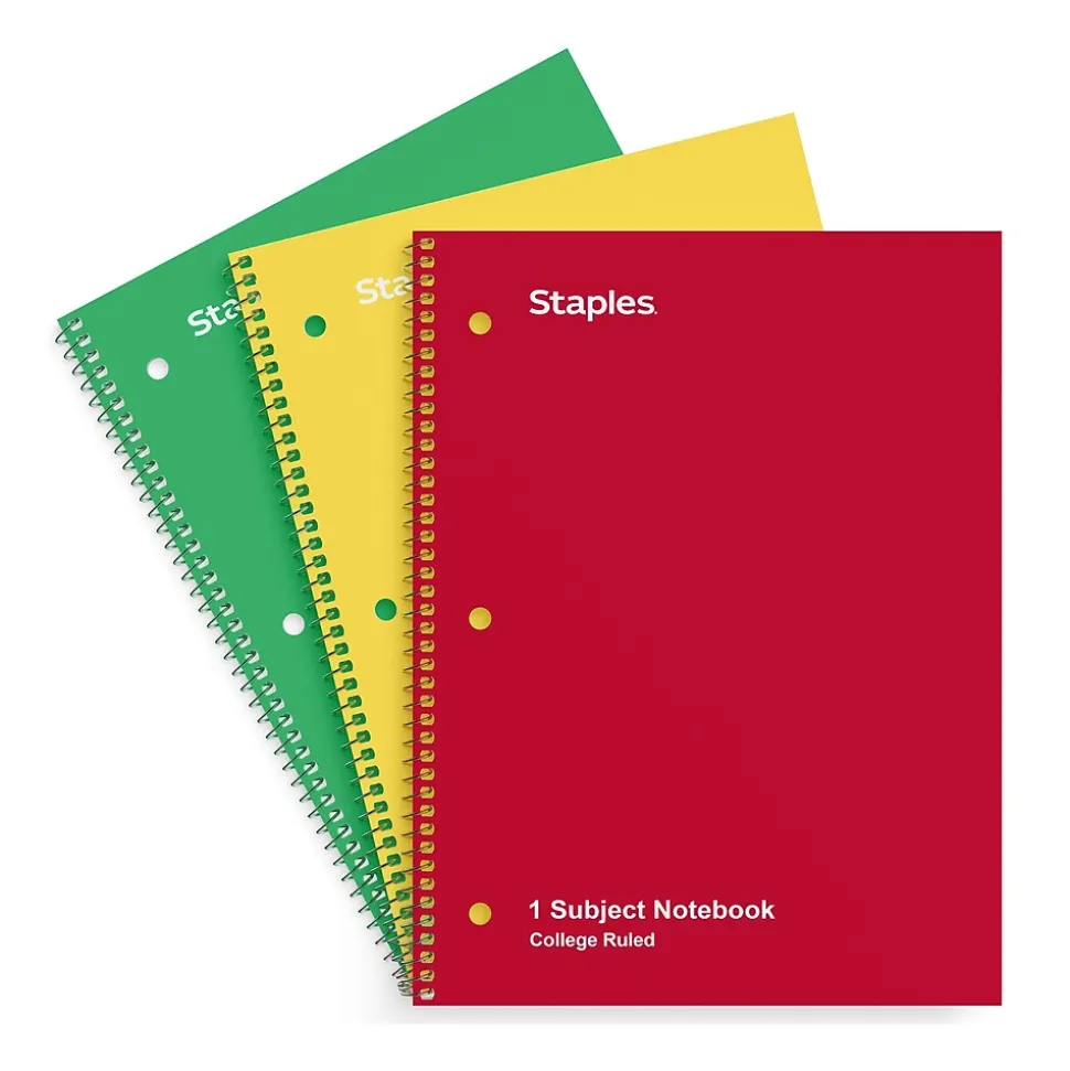 Staples 1-Subject Notebooks, 8" x 10.5", College Ruled, 70 Sheets, Assorted Colors, 3/Pack (ST58375C)