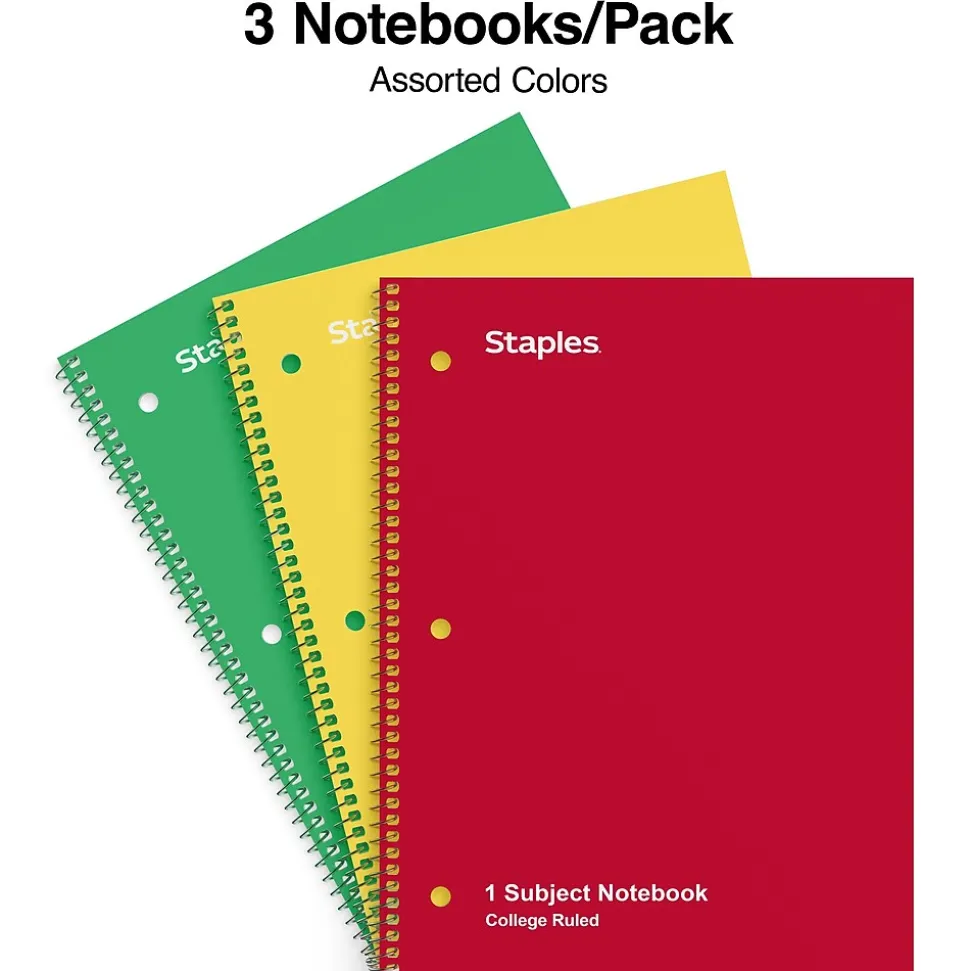 Staples 1-Subject Notebooks, 8" x 10.5", College Ruled, 70 Sheets, Assorted Colors, 3/Pack (ST58375C)