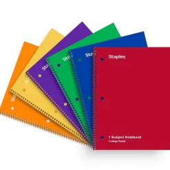 Staples 1-Subject Notebooks, 8" x 10.5", College Ruled, 70 Sheets, Assorted Colors, 6/Pack (ST58376C)