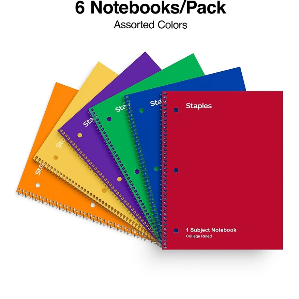 Staples 1-Subject Notebooks, 8" x 10.5", College Ruled, 70 Sheets, Assorted Colors, 6/Pack (ST58376C)