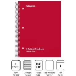 Staples® 5-Subject Subject Notebooks, 8.5" x 11", College Ruled, 200 Sheets, Assorted (10467M-CC)