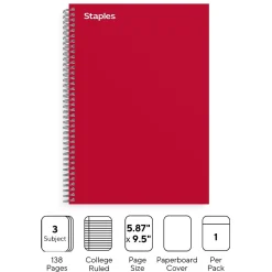 Staples® 3-Subject Subject Notebooks, College Ruled, 150 Sheets, Assorted (83360)