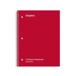 Staples® 3-Subject Subject Notebooks, 8" x 10.5", Wide Ruled, 150 Sheets, Assorted Colors (14574M)