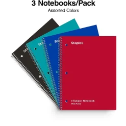 Staples® 3-Subject Subject Notebooks, 8" x 10.5", Wide Ruled, 150 Sheets, Assorted Colors (14574M)