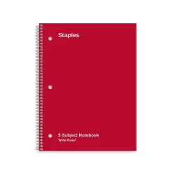 Staples® 5-Subject Subject Notebooks, 8" x 10.5", Wide Ruled, 200 Sheets, Assorted Colors (52694M)