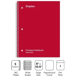 Staples® 5-Subject Subject Notebooks, 8" x 10.5", Wide Ruled, 200 Sheets, Assorted Colors (52694M)