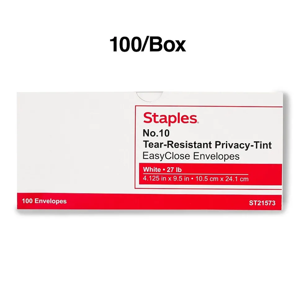 Staples Tear-Resistant EasyClose Security Tinted #10 Business Envelopes, 4 1/8" x 9 1/2", White, 100/Box (21573)