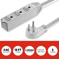 Staples TECH 15' Extension Cord, 3-Outlet, 16 AWG, Gray, 2/Pack (ST62347)