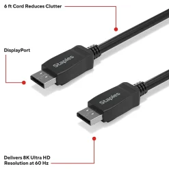 Staples TECH 6 ft. Display Port to Display Port Audio/Video Cable, Male to Male, Black (ST62474)