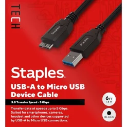 Staples TECH 6 ft. USB-A to Micro USB Type B Cable, Male to Male, Black (ST62441)