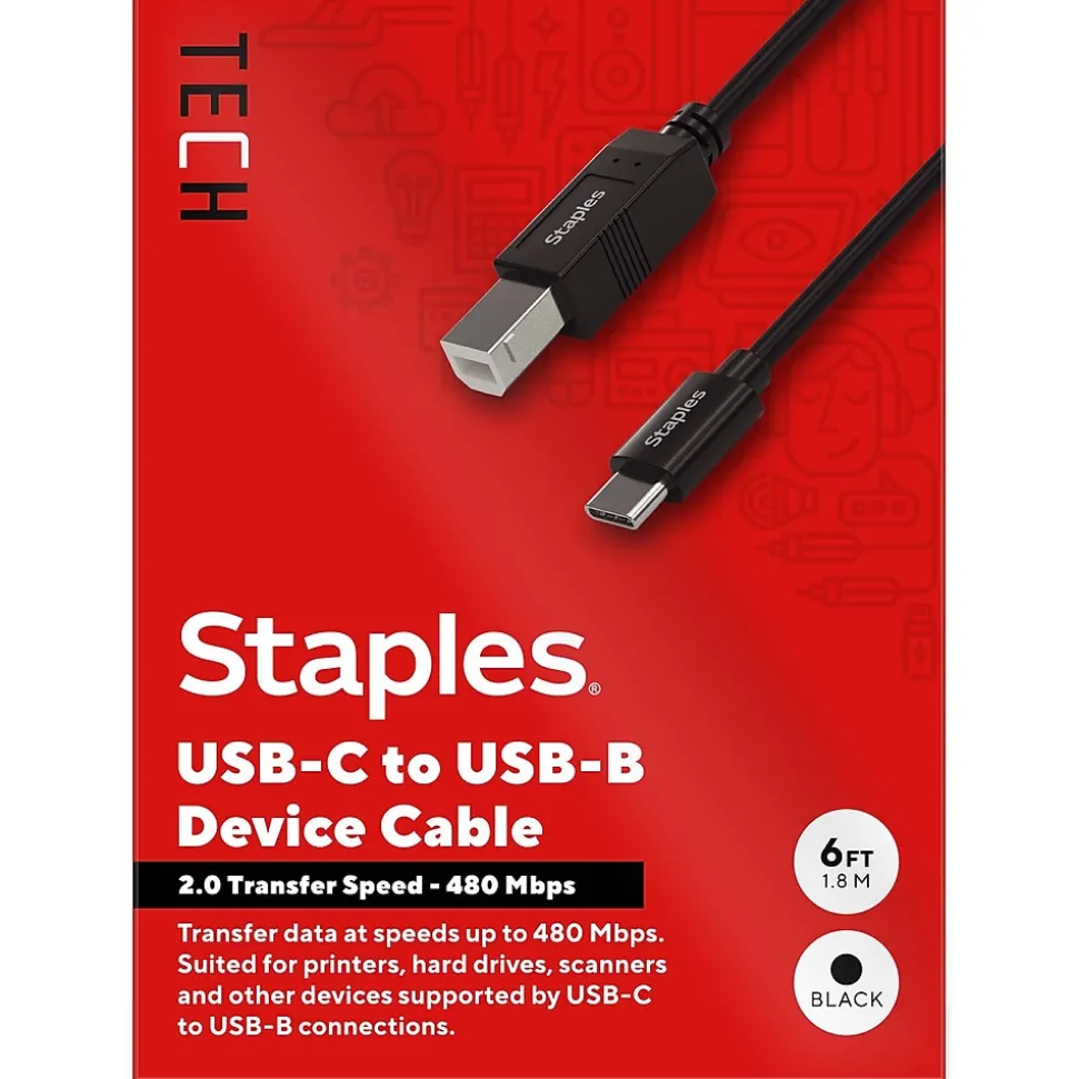 Staples TECH 6 ft. USB-C to USB-B 2.0 Cable, Male to Male, Black (ST62444)