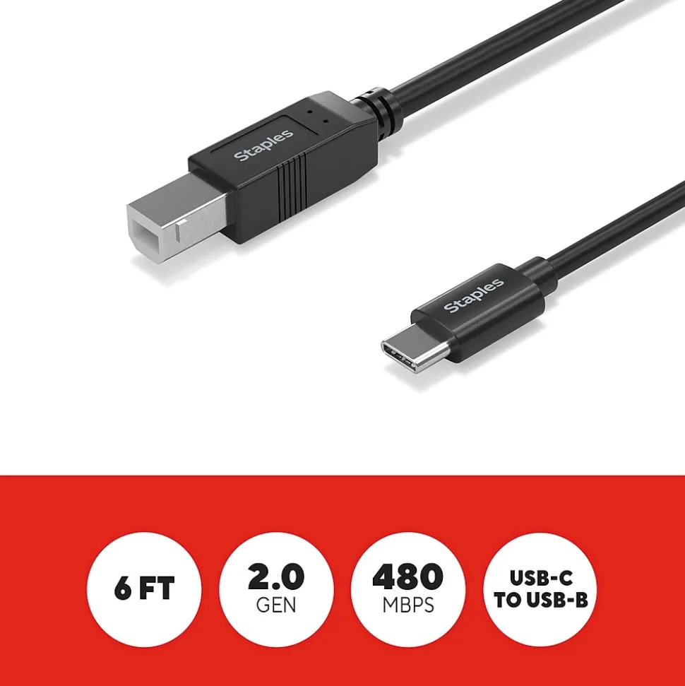 Staples TECH 6 ft. USB-C to USB-B 2.0 Cable, Male to Male, Black (ST62444)