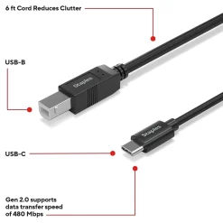 Staples TECH 6 ft. USB-C to USB-B 2.0 Cable, Male to Male, Black (ST62444)