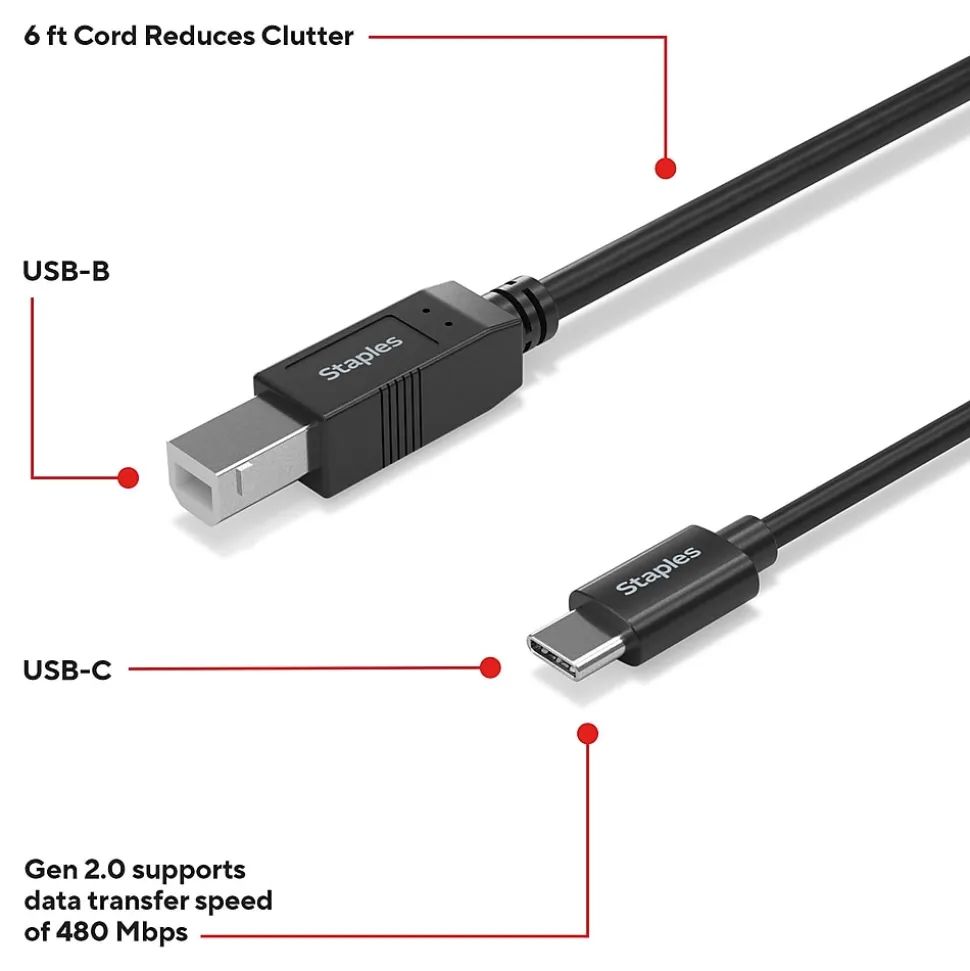 Staples TECH 6 ft. USB-C to USB-B 2.0 Cable, Male to Male, Black (ST62444)