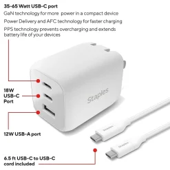 Staples TECH GaN USB-A/USB-C Wall Charger with Cable, 65W, White (ST62326)
