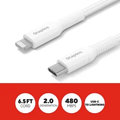 Staples TECH Lightning to USB-C Charging Cable, 6.5 ft., White (ST62333)