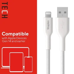 Staples TECH Lightning to USB-A Charging Cable, 3.3 ft., White (ST62329)