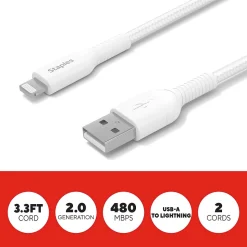 Staples TECH Lightning to USB-A Charging Cable, 3.3 ft., White, 2/Pack (ST62330)