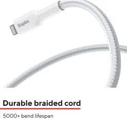 Staples TECH Lightning to USB-A Charging Cable, 3.3 ft., White, 2/Pack (ST62330)
