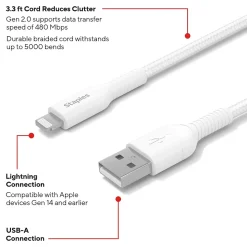 Staples TECH Lightning to USB-A Charging Cable, 3.3 ft., White, 2/Pack (ST62330)