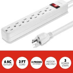 Staples TECH 6-Outlet Power Strip, 3' Cord, White, 3/Pack (42319)