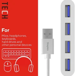Staples TECH 4-Port USB 2.0 Hub, White (ST62376)
