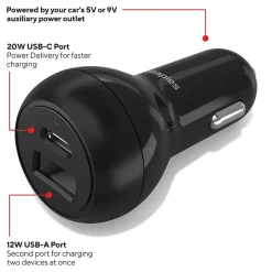 Staples TECH USB-A/USB-C Car Charger, 32W, Black (ST62340)