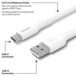 Staples TECH USB-C to USB-A Charging Cable, 3.3 ft., White (ST62337)